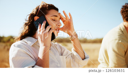 Frustrated woman, phone call and breakdown with car for roadside assistance or vehicle trouble in nature. Female person, talking or stranded with mobile smartphone for emergency transport app or help 126103631