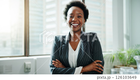 Portrait, business and happy black woman with arms crossed in office for pride as financial advisor. Smile, employee and confident professional worker, wealth consultant and asset manager in Kenya Portrait, business and happy black woman with arms crossed in office for pride as financial advisor. Smile, employee and confident professional worker, wealth consultant and asset manager in Kenya 126103649