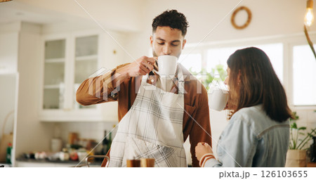 Drinking, relax and couple with coffee in kitchen for bonding, connection or cooking together. Happy, love and man with woman for enjoying caffeine beverage for recipe in morning on weekend in home. Drinking, relax and couple with coffee in kitchen for bonding, connection or cooking together. Happy, love and man with woman for enjoying caffeine beverage for recipe in morning on weekend in home. 126103655