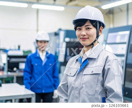 作業着を着てヘルメットを被り工場で働く若い技術者たち 作業着を着てヘルメットを被り工場で働く若い技術者たち 126103661