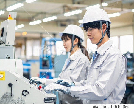 製造現場働く作業着を着て安全ヘルメットを着用し機械を操作する男女 製造現場働く作業着を着て安全ヘルメットを着用し機械を操作する男女 126103662