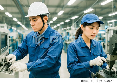 製造現場働く作業着を着て安全ヘルメットを着用し機械を操作する男女 126103671