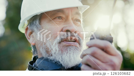 Building, radio and thinking with developer man outdoor on excavation site as construction worker. Communication, development and update with mature Asian person talking for architecture or planning Building, radio and thinking with developer man outdoor on excavation site as construction worker. Communication, development and update with mature Asian person talking for architecture or planning 126103682