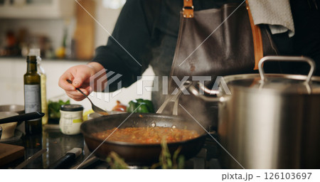 Hands, cooking and chef with spice, pot and preparation for dinner in kitchen, cuisine and restaurant. Catering, employee and person with food for supper, hospitality and skills for gourmet in diner Hands, cooking and chef with spice, pot and preparation for dinner in kitchen, cuisine and restaurant. Catering, employee and person with food for supper, hospitality and skills for gourmet in diner 126103697