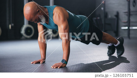 Push ups, fitness and senior man in gym, training and body workout with core strength. Pensioner, health club and elderly person in wellness center, exercise and retirement with energy and routine 126103751