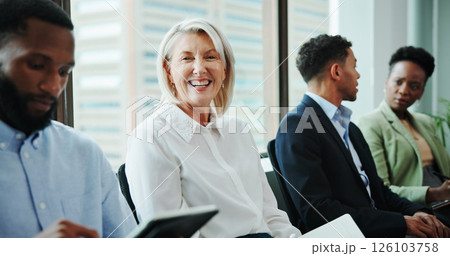 Interview, waiting or mature businesswoman with smile in queue for hiring, CV or human resources. Resume, happy or line for recruitment process, employment documents or job application opportunity Interview, waiting or mature businesswoman with smile in queue for hiring, CV or human resources. Resume, happy or line for recruitment process, employment documents or job application opportunity 126103758