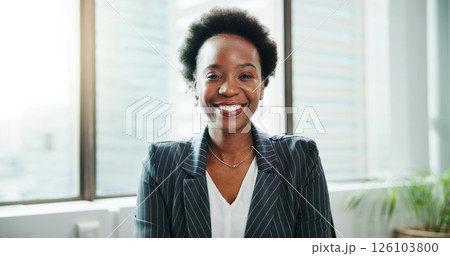 Smile, business and portrait of black woman in office as regulatory affairs specialist. Corporate, employee and confident professional worker, compliance officer or policy development coordinator 126103800