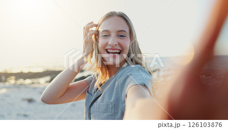 Beach, selfie and woman with vacation, excited and travel with profile picture, influencer and ocean. Portrait, person and seaside with traveller, social media and live streaming with summer holiday 126103876