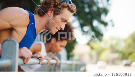 Runner, stretching and coaching with people in city for marathon practice, sports team and helping. Warm up, personal trainer and fitness with man and woman downtown for wellness and workout 126103918