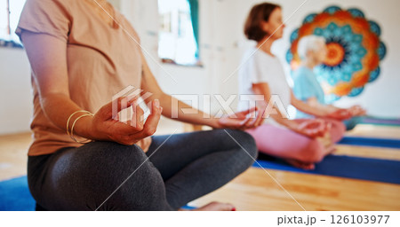 Hands, lotus and women with group meditation for calm mindset, zen or peace in mental wellness. Posture, morning and people in class together for mindfulness, relax or holistic self care on yoga mat Hands, lotus and women with group meditation for calm mindset, zen or peace in mental wellness. Posture, morning and people in class together for mindfulness, relax or holistic self care on yoga mat 126103977