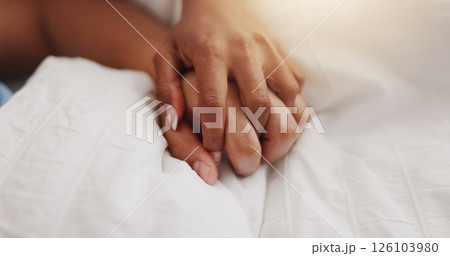 Holding hands, love and couple closeup on bed for intimacy, partner affection and connection. Nap, people and sleeping with cuddle for comfort, romance and bonding for marriage commitment at house Holding hands, love and couple closeup on bed for intimacy, partner affection and connection. Nap, people and sleeping with cuddle for comfort, romance and bonding for marriage commitment at house 126103980