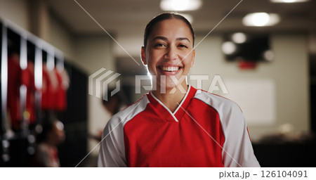 Happy girl, portrait and soccer player in locker room for professional sport, game or match preparation. Face, female person or athlete with smile for football tournament, competition or challenge 126104091