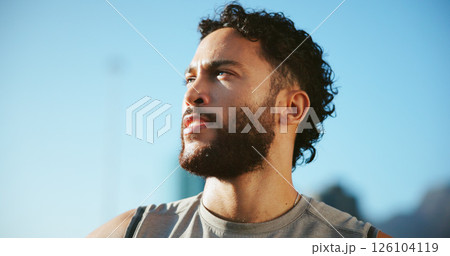 Break, runner or man in city thinking of fitness, marathon training or exercise health. Low angle, ideas or athlete in urban town for workout performance, outdoor jog or sports challenge in France 126104119