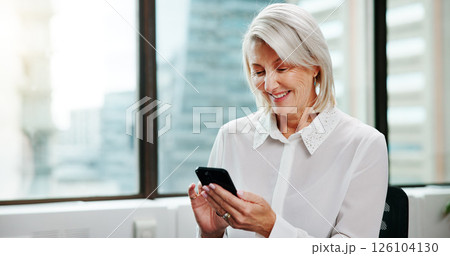 Business, smile and woman in office, smartphone and texting with social media, accounting and online joke. Mature person, financial advisor and employee in workplace, cellphone and message to contact Business, smile and woman in office, smartphone and texting with social media, accounting and online joke. Mature person, financial advisor and employee in workplace, cellphone and message to contact 126104130