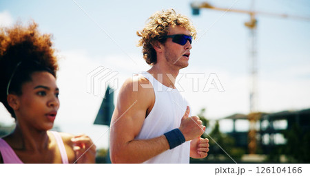 Woman, man and running for fitness, street and endurance in summer for wellness, challenge and exercise. People, personal trainer and coach for cardio, workout and training for marathon in city Woman, man and running for fitness, street and endurance in summer for wellness, challenge and exercise. People, personal trainer and coach for cardio, workout and training for marathon in city 126104166