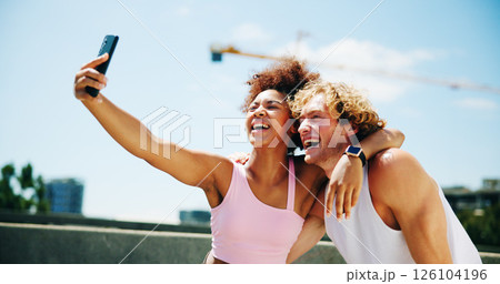 Woman, man and selfie for training, city and happy with exercise, break and post on web in summer. People, interracial couple and laugh with photography, profile picture and social media for workout 126104196
