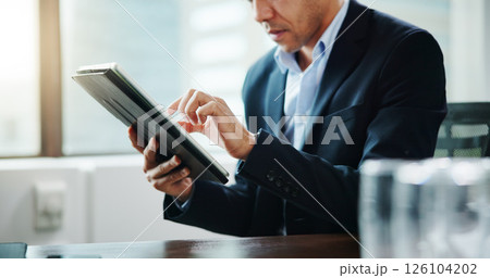Office, tablet and hands of businessman online for financial review, budget report or investment. Professional, company consultant and worker on digital tech for research, finance planning or website Office, tablet and hands of businessman online for financial review, budget report or investment. Professional, company consultant and worker on digital tech for research, finance planning or website 126104202
