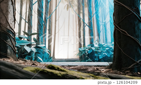 Misty forest pathway with vibrant foliage and light background. 126104209