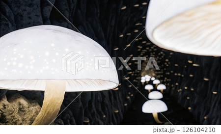 Mushrooms illuminated in a dark, enchanting environment. 126104210