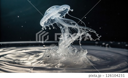 Translucent jellyfish emerging from water surface with splashes. Translucent jellyfish emerging from water surface with splashes. 126104231