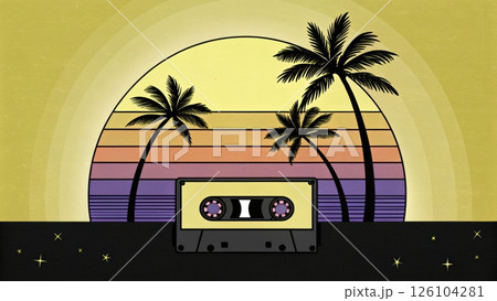 Retro cassette tape with palm trees and sunset backdrop. 126104281