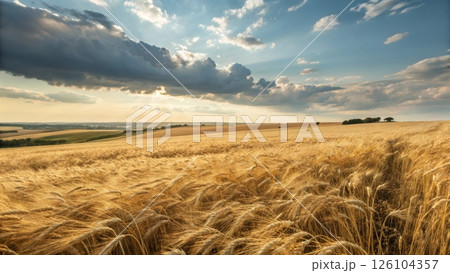 Golden wheat field under a dramatic sky at sunset. 126104357