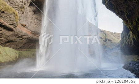 Waterfall cascading through a rocky gorge surrounded by mist. 126104358