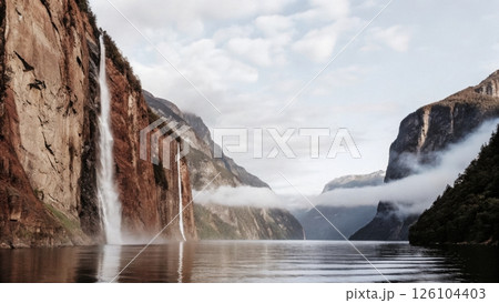 Majestic waterfalls cascading into serene waters amidst cliffs. 126104403