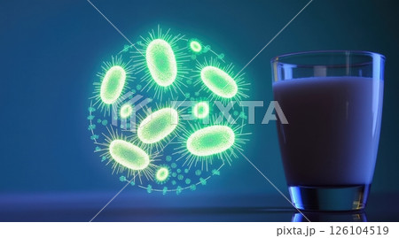 Bacteria illustration next to a glass of milk. Bacteria illustration next to a glass of milk. 126104519