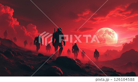 Futuristic astronauts walk under a red sky with a large moon. Futuristic astronauts walk under a red sky with a large moon. 126104588