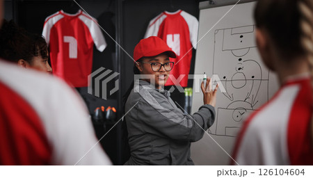 Women, coach and soccer team with whiteboard for game plan, match or player formation in locker room. Female people, coordinator or teaching with presentation or meeting for sport strategy together 126104604