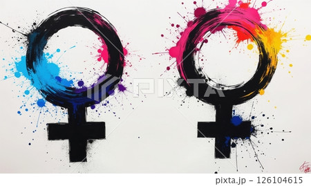 gender equality concept, Colorful feminist symbols with paint splashes on a canvas. 126104615