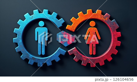 gender equality concept, Interlocking gears with male and female symbols represented. 126104656