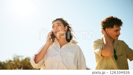 Phone call, lost and couple in nature on vacation together with connectivity for help outdoor. Cellphone, stress and woman with man on mobile conversation for sos contact on holiday or weekend trip. Phone call, lost and couple in nature on vacation together with connectivity for help outdoor. Cellphone, stress and woman with man on mobile conversation for sos contact on holiday or weekend trip. 126104926