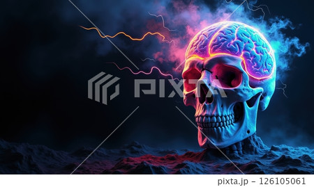 Colorful skull with brain and electric effects against a dark background. 126105061