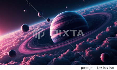 Vibrant celestial scene featuring planets and colorful rings. 126105196