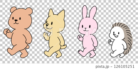 くま・犬・うさぎ・ハリネズミが行進するイラスト（かわいい動物・子ども向け） 126105251