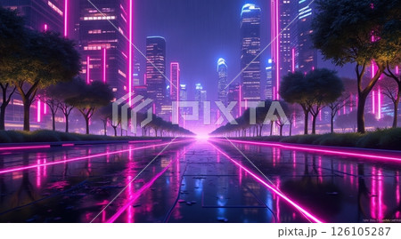 Futuristic cityscape with neon lights and reflections 126105287