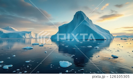 Iceberg reflecting in calm waters at sunset. 126105305