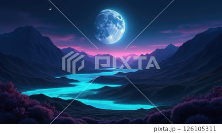 Serene night landscape with a glowing moon and river. 126105311