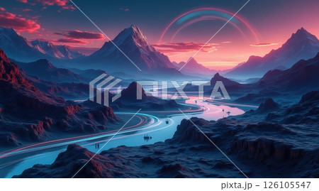 Surreal landscape with mountains and a river under vibrant skies. Surreal landscape with mountains and a river under vibrant skies. 126105547