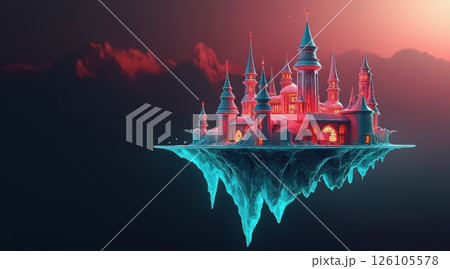 Floating castle with spires above a surreal landscape. 126105578