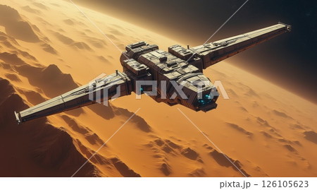 Futuristic spacecraft flying above a distant planet's surface. 126105623
