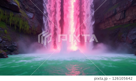 Vibrant waterfall cascading into turquoise water. Vibrant waterfall cascading into turquoise water. 126105642
