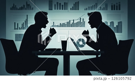 Business conflict concept, Silhouettes of two businessmen facing each other in discussion Business conflict concept, Silhouettes of two businessmen facing each other in discussion 126105792