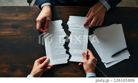 Business conflict concept, Dispute over a torn document at a table. 126105809