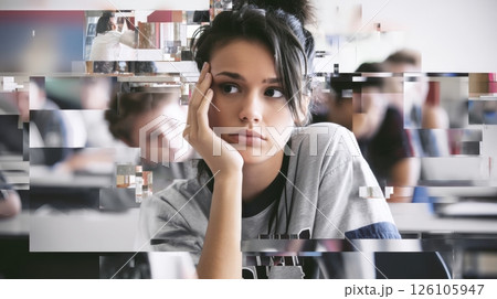 Dissatisfied student in a distorted classroom setting. 126105947