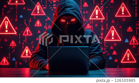 Mysterious hacker working on a laptop with warning symbols in the background. 126105985