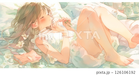 自然の中でくつろぐ女の子 126106192