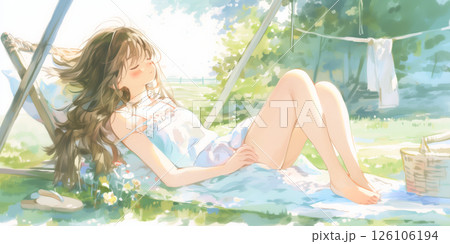 自然の中でくつろぐ女の子 126106194